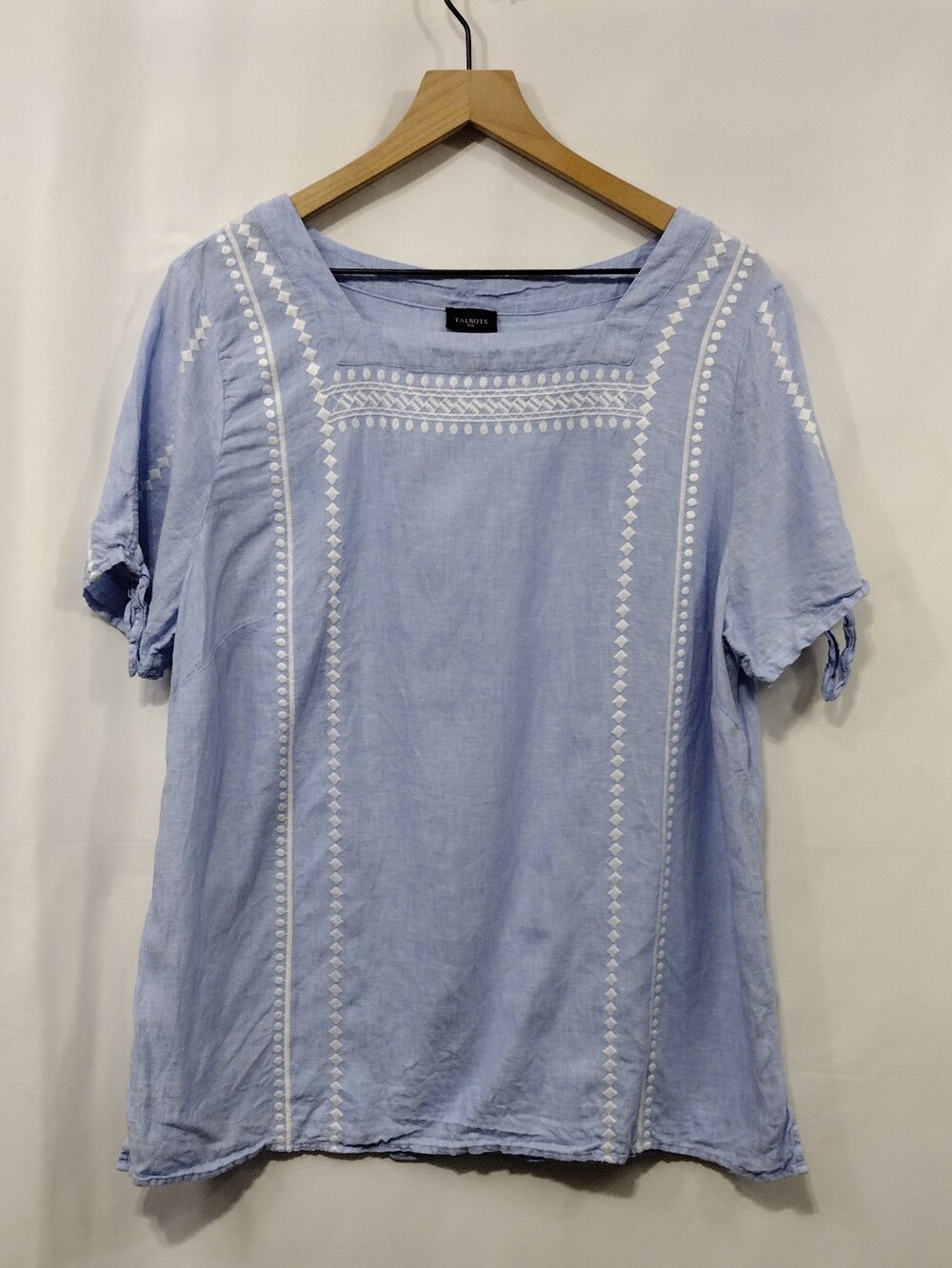 Talbots Linen Embroidered Top Womens XL Blue Babydoll Fairy Retro 90s Y2K Beach